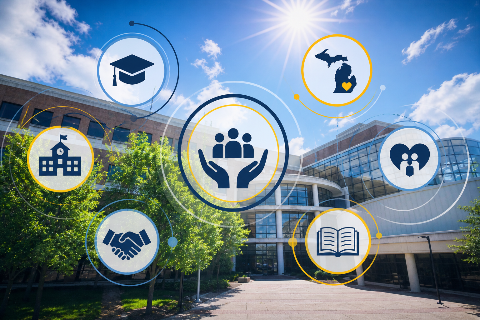 University building exterior with icons representing education, community support, handshake, Michigan state, and family care.