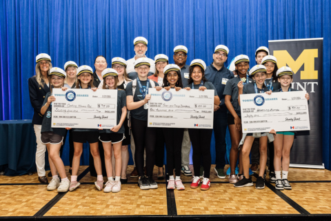 A group of young participants wearing hats stands together, holding oversized checks for various amounts, celebrating their achievements at an event. A banner with the "M" logo is visible in the background.