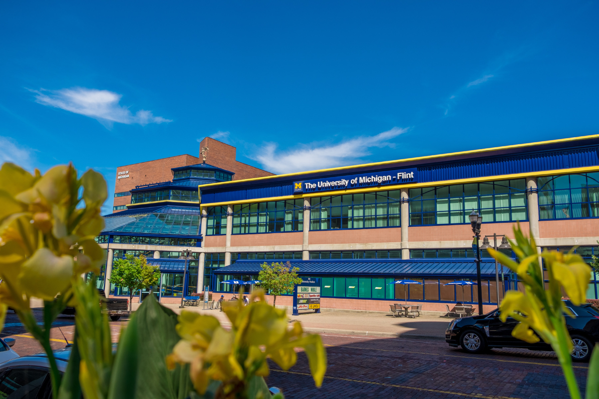 The image shows the exterior of the University of Michigan - Flint building, with a clear blue sky and yellow flowers in the foreground.