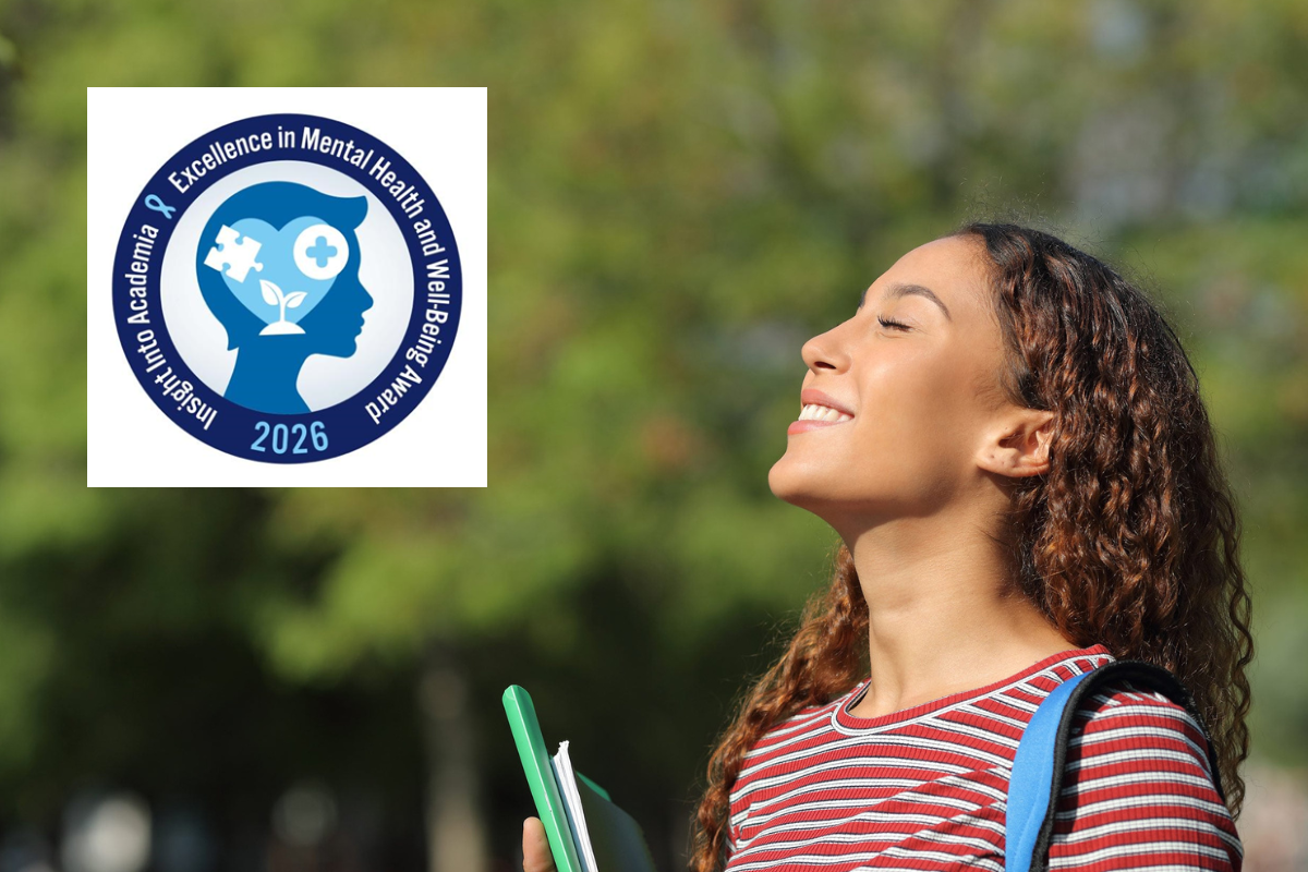 A young woman with curly hair smiles and looks up, holding green notebooks. A logo above her reads "Excellence in Mental Health and Wellbeing 2026."