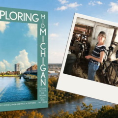 A book titled "Exploring Mid-Michigan" with a photo of a woman smiling in a barn surrounded by cows.