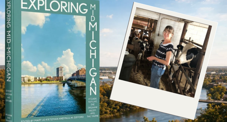 A book titled "Exploring Mid-Michigan" with a photo of a woman smiling in a barn surrounded by cows.