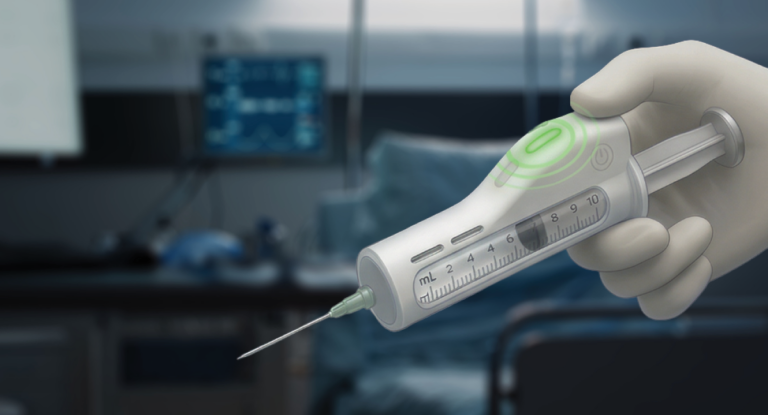 A gloved hand holding a syringe with a digital display, set in a medical environment with equipment in the background.