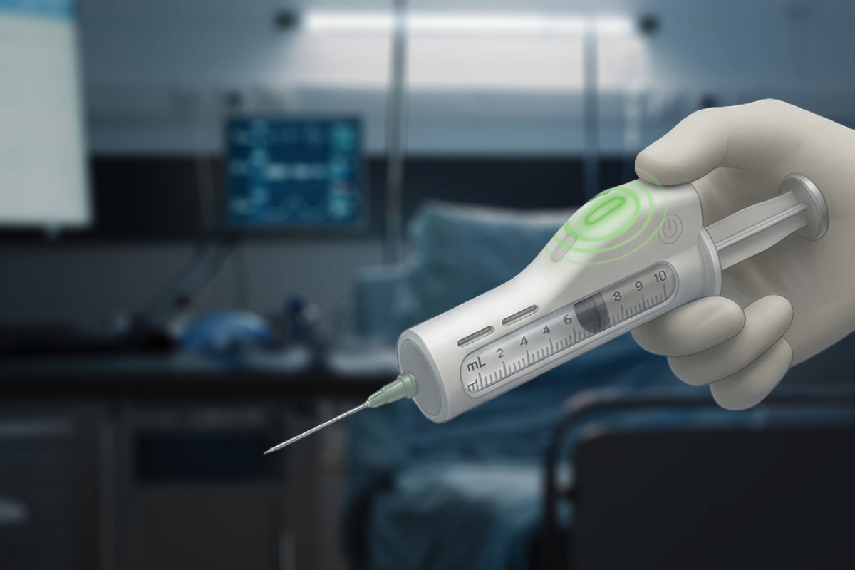 A gloved hand holding a syringe with a digital display, set in a medical environment with equipment in the background.