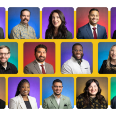 A grid of 14 professional headshots of diverse individuals, each with a colorful background.
