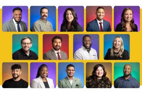 A grid of 14 professional headshots of diverse individuals, each with a colorful background.