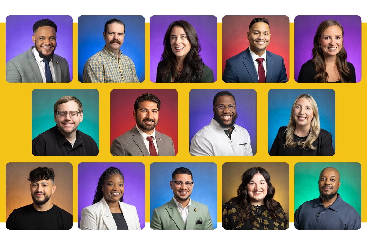 A grid of 14 professional headshots of diverse individuals, each with a colorful background.