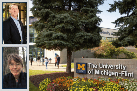 A collage featuring two headshots of individuals on the left and a photo of the University of Michigan-Flint campus on the right, with a sign displaying "The University of Michigan-Flint" in front of colorful flowers.
