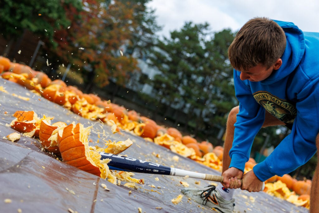 A young man in a blue hoodie is smashing a pumpkin with a baseball bat, sending pumpkin pieces and seeds flying. In the background, many pumpkins are scattered on the ground.