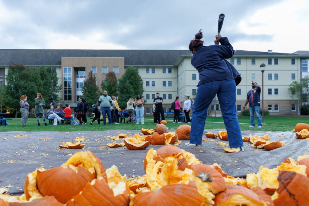 A person swings a bat to smash pumpkins on a tarp, surrounded by a crowd of people in a grassy area near buildings.