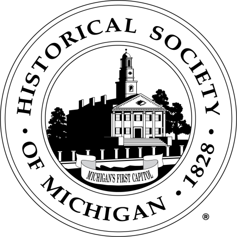 Seal of the Historical Society of Michigan featuring an illustration of Michigan's first capitol building, with the text "HISTORICAL SOCIETY OF MICHIGAN" and "1828" around the border.