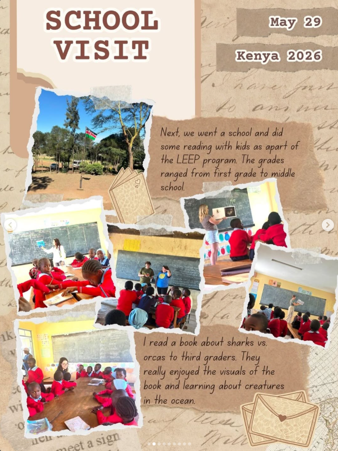 A collage of images from a school visit in Kenya, featuring children in red uniforms engaged in reading and learning activities. Text includes "SCHOOL VISIT," "May 29," and "Kenya 2026," along with descriptions of the activities.