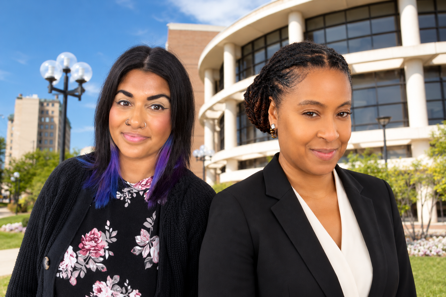 Two women stand outdoors in front of a modern building. One has long, dark hair with purple tips and wears a floral top, while the other has short, styled hair and is dressed in a black suit.